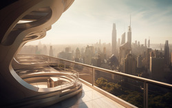 A photograph highlighting a terrace overlooking a bustling